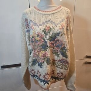 VTG 1980s Floral Coastal Knit Crewneck Pink Cream Sweater Womens Size Large